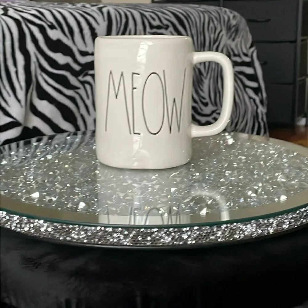 Meow Rae dunn ceramic large coffee beige off white cat word mug